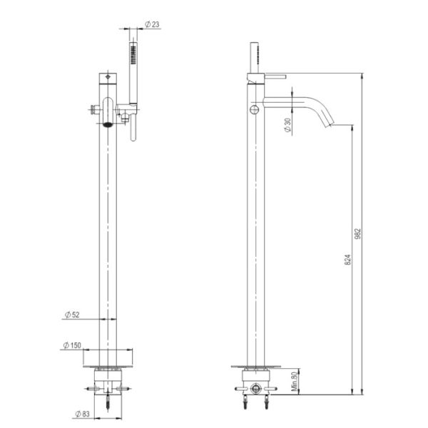 Σετ Επιδαπέδια Μπαταρία Λουτρού CAVE Brushed Inox 316L - Image 4