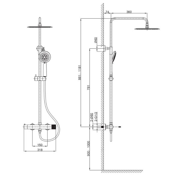Shower column with round head Ø250 Terra Black Matt - Image 3