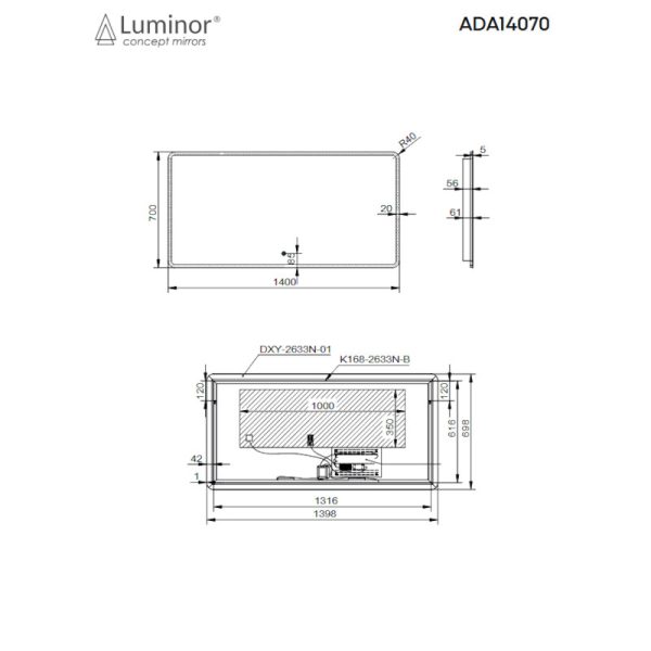 Bathroom Mirror ADAGIO 140x70 with Bluetooth connection for Music Luminor - Image 2
