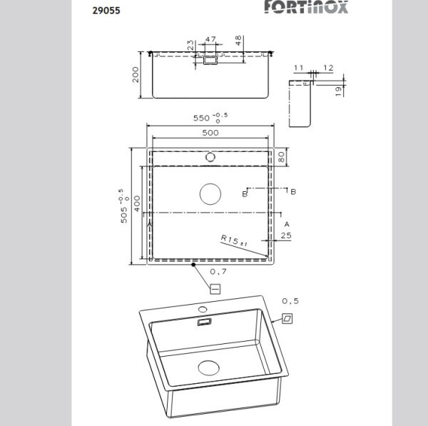 Ένθετος Νεροχύτης Fortinox Squadro Inox Σατινέ Μ55xΠ50.5cm - Image 2