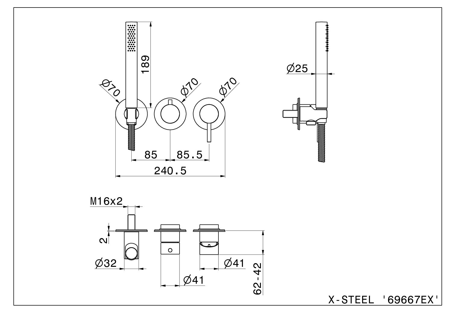 Built-in shower set with two-way shower head X-STEEL Stainless Steel - Image 3