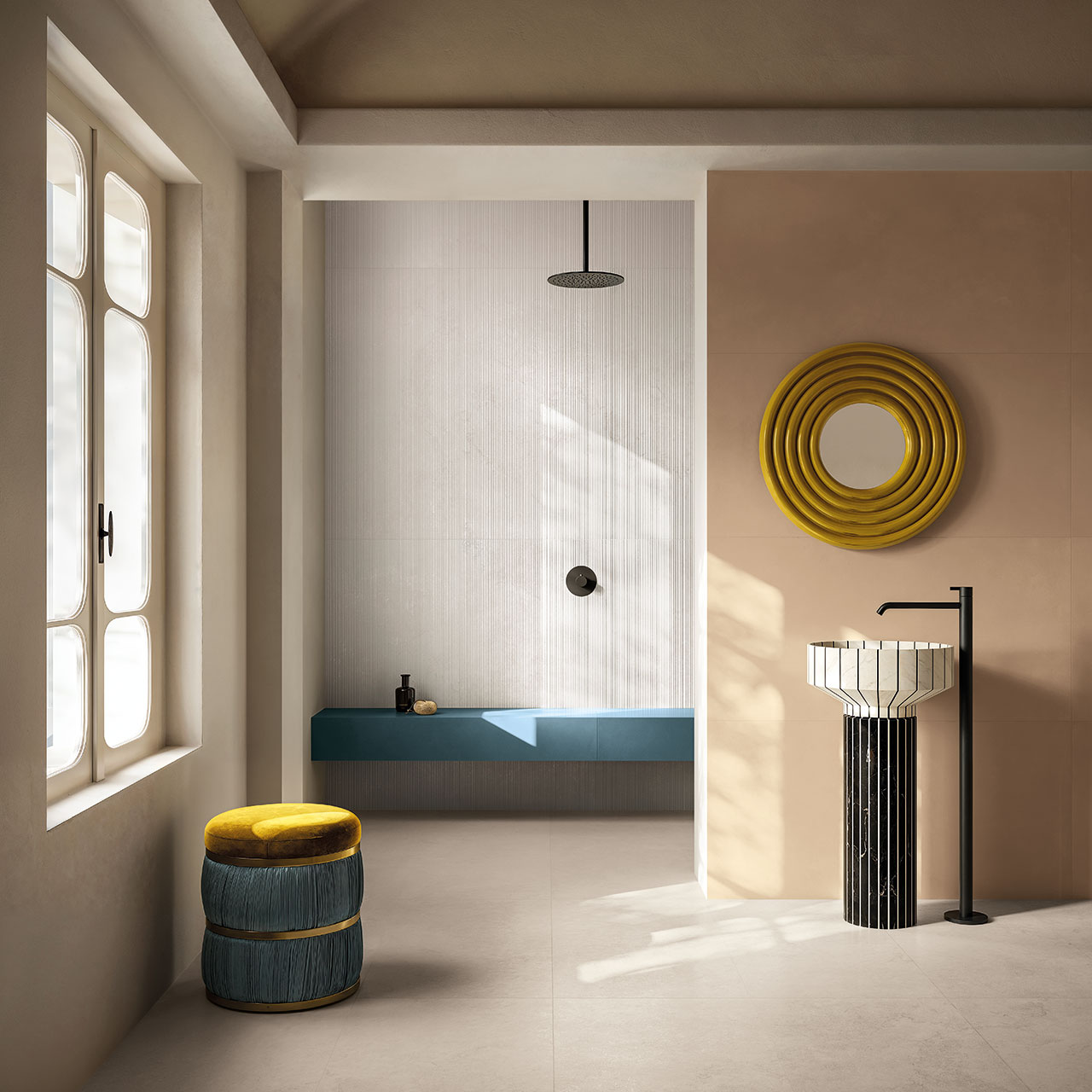 SERENISSIMA_Pietra-di-Portland_Bianco-100x100-Bianco-60x120-Cannettato-Infinita-Avio-60x120-Infinita-Nudo-60x120_BAGNO